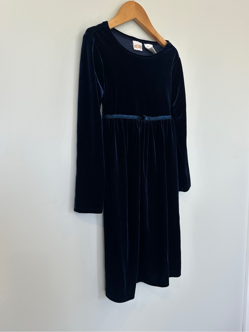 Okie Dokie - Navy Velvet Long Sleeve Dress with Waist Ribbon - Size 6x